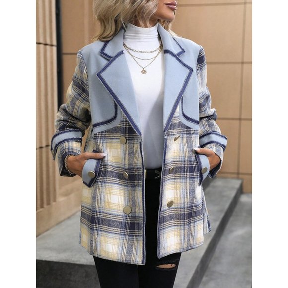 Casual Plaid Double Breasted Contrast Trim Overcoat Blue - Picture 3 of 6